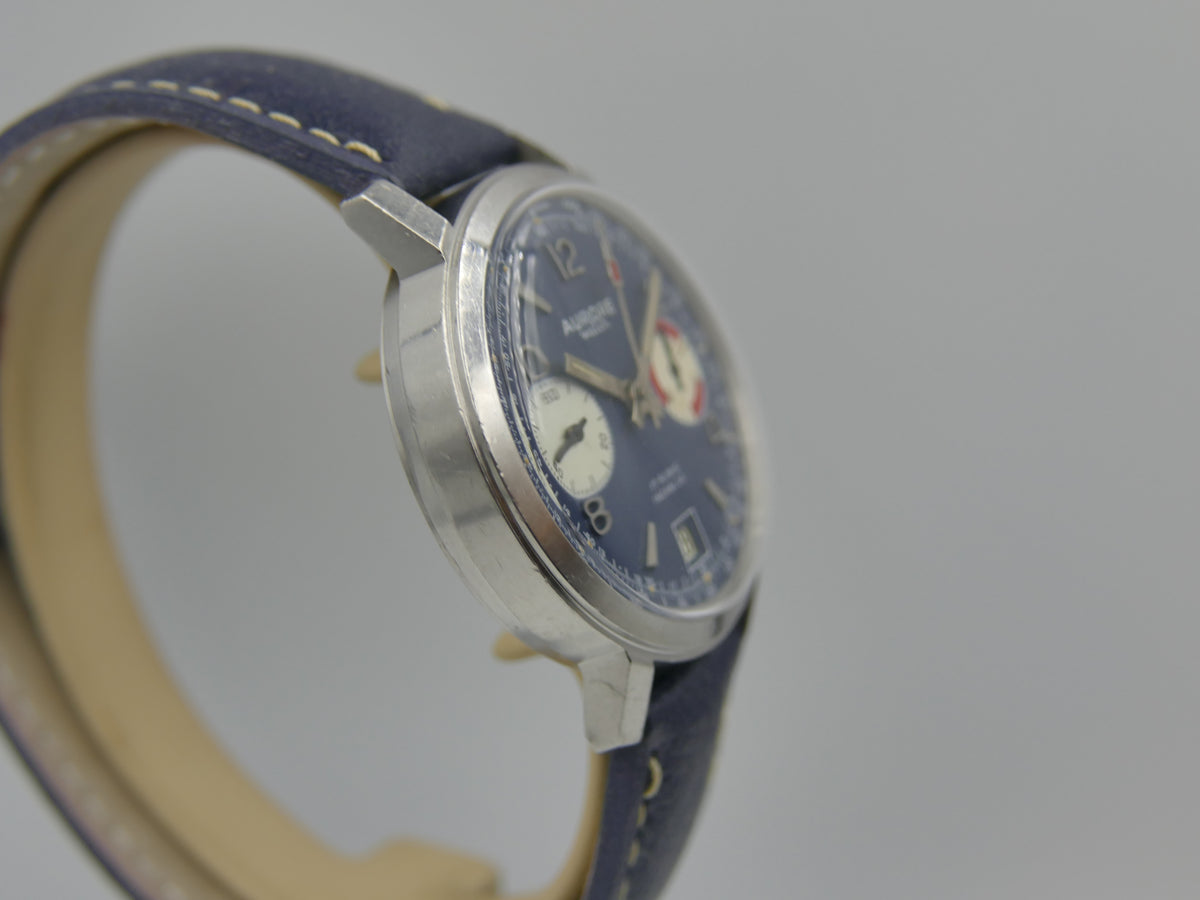 70s vintage watch mens chronograph Aurore valjoux 7734 serviced blue dial SS