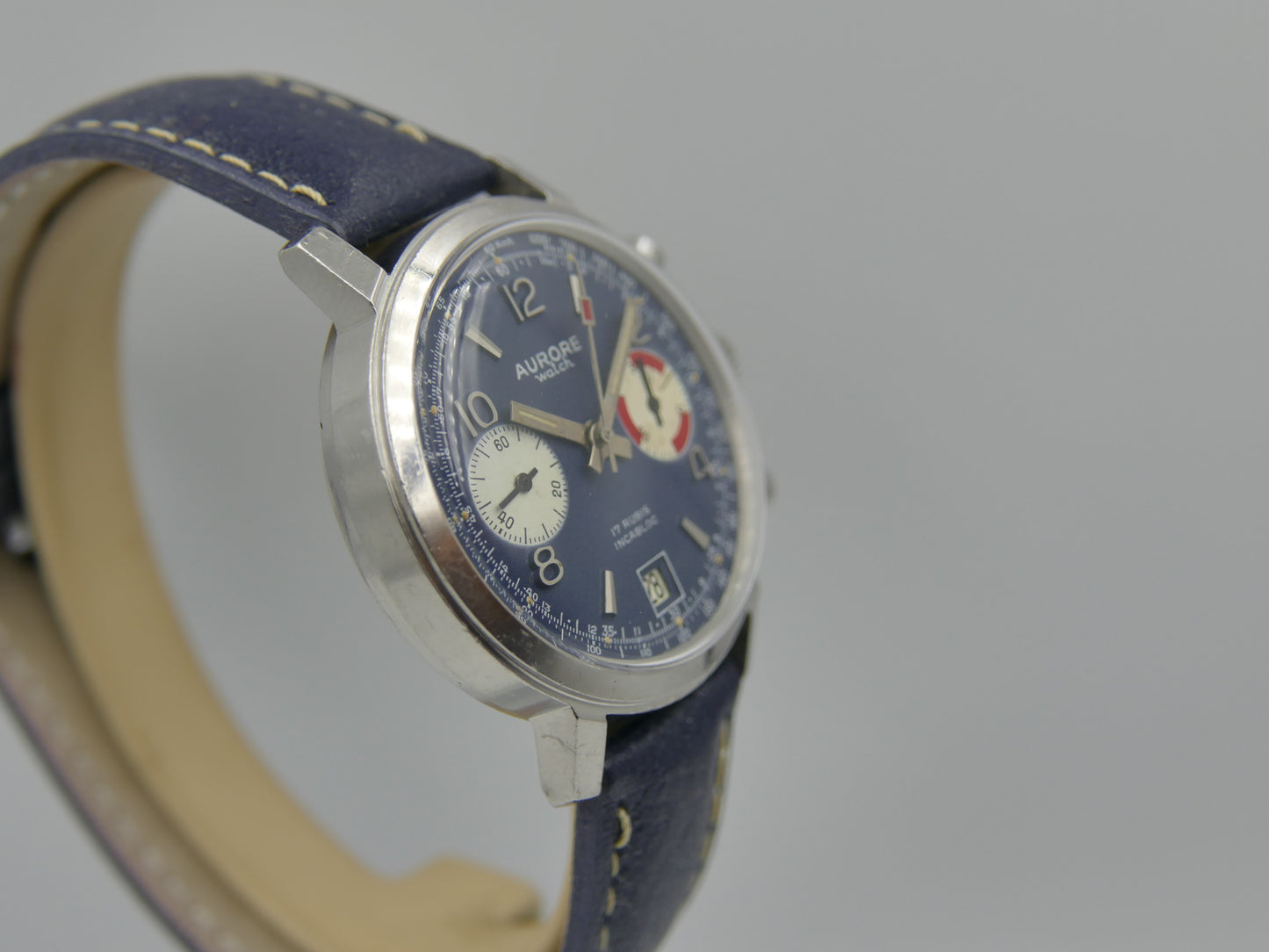 70s vintage watch mens chronograph Aurore valjoux 7734 serviced blue dial SS