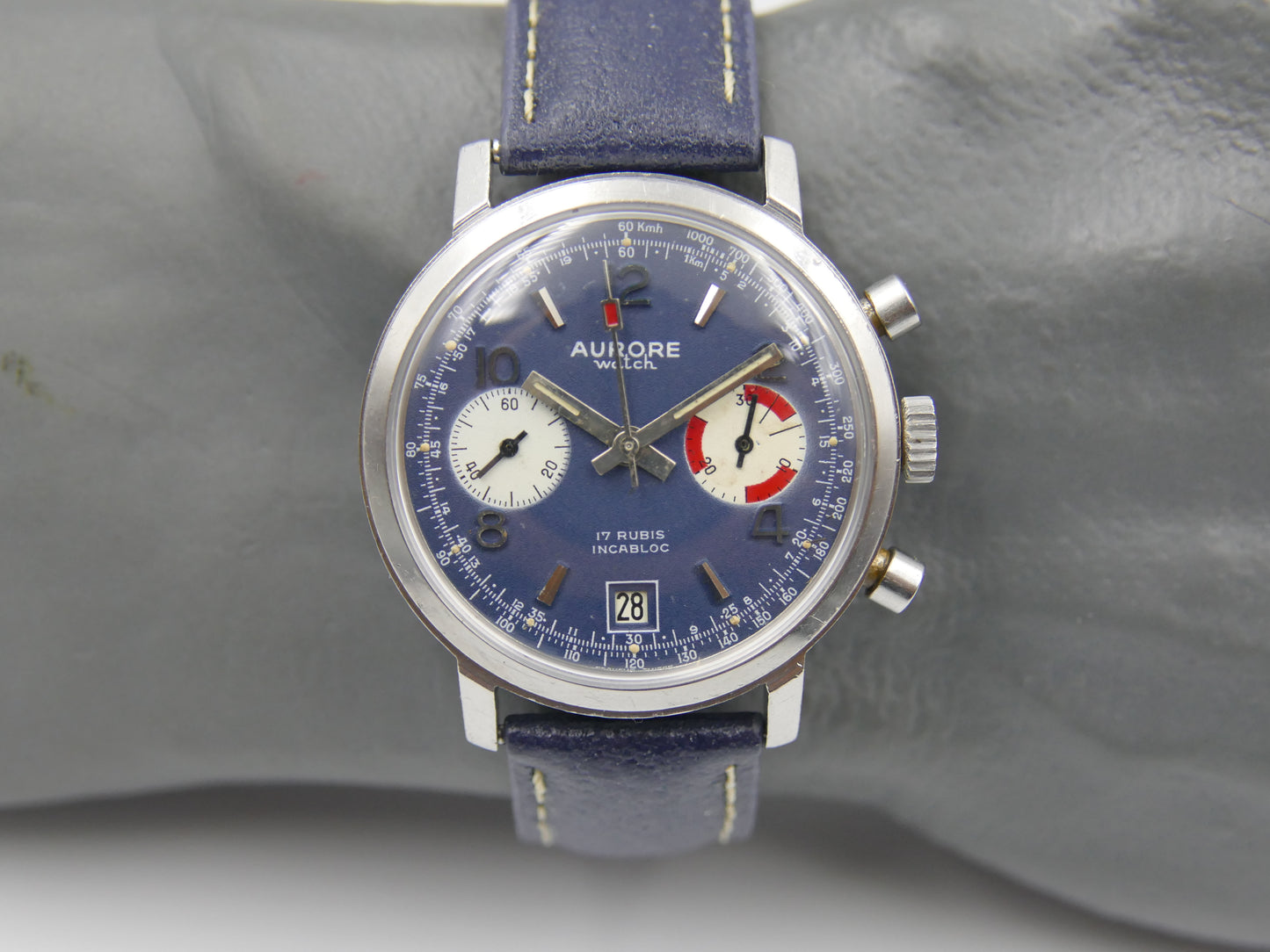 70s vintage watch mens chronograph Aurore valjoux 7734 serviced blue dial SS