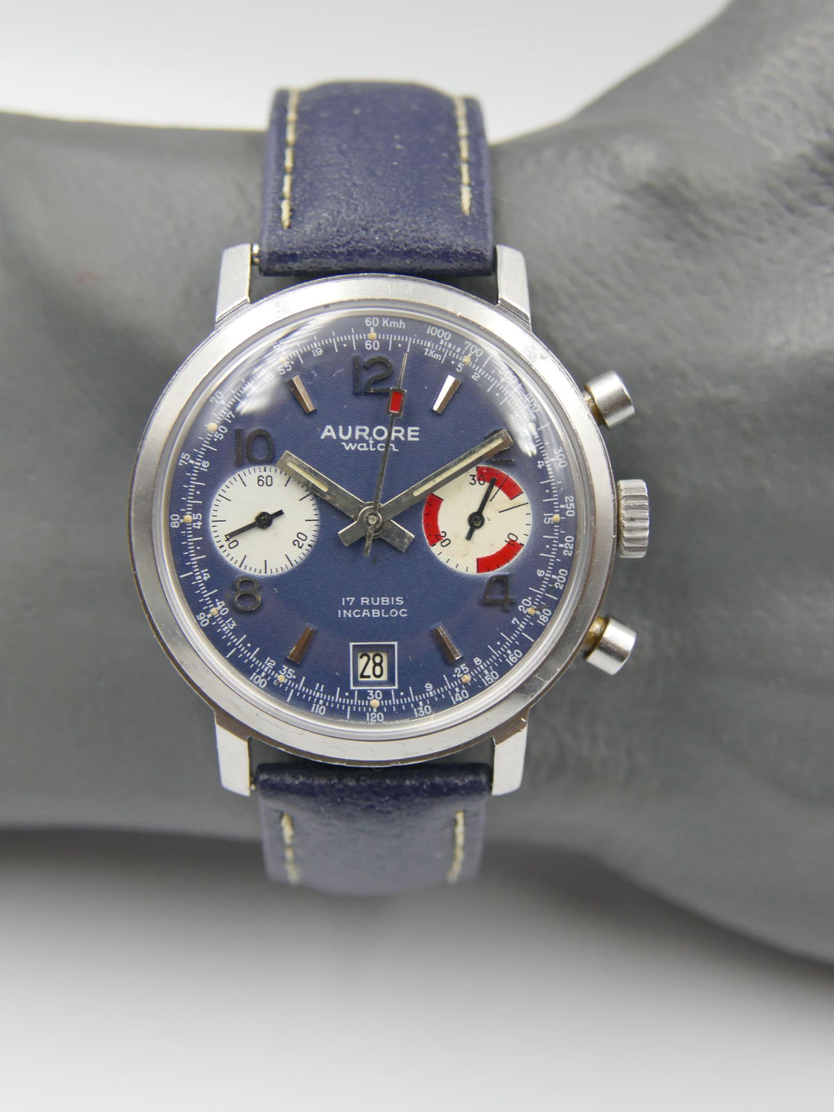 70s vintage watch mens chronograph Aurore valjoux 7734 serviced blue dial SS