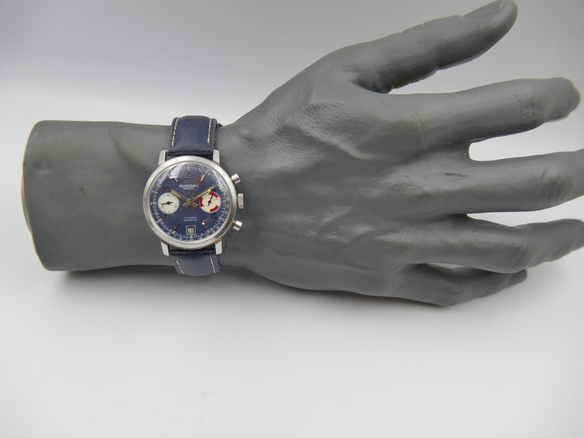 70s vintage watch mens chronograph Aurore valjoux 7734 serviced blue dial SS