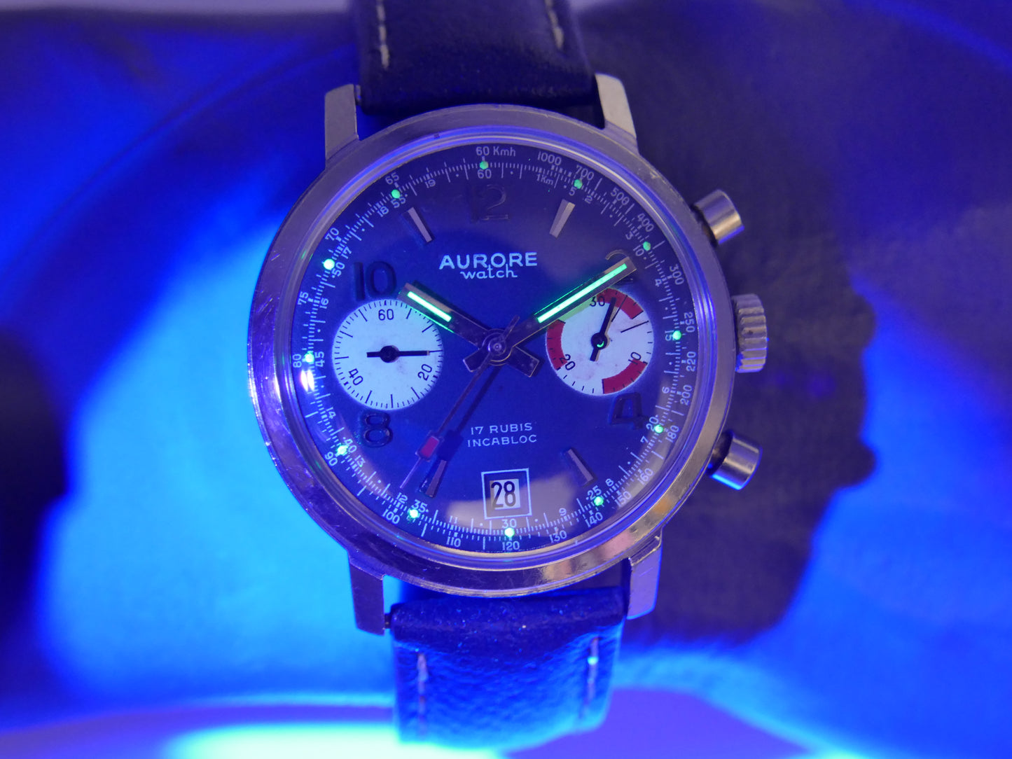 70s vintage watch mens chronograph Aurore valjoux 7734 serviced blue dial SS