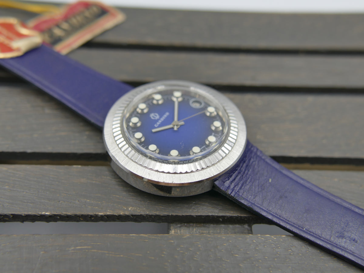70s Vintage watch mens Candino Ref. 328 144 UFO Saucer NOS Blue Dial Manual Wind Cal. ST 974