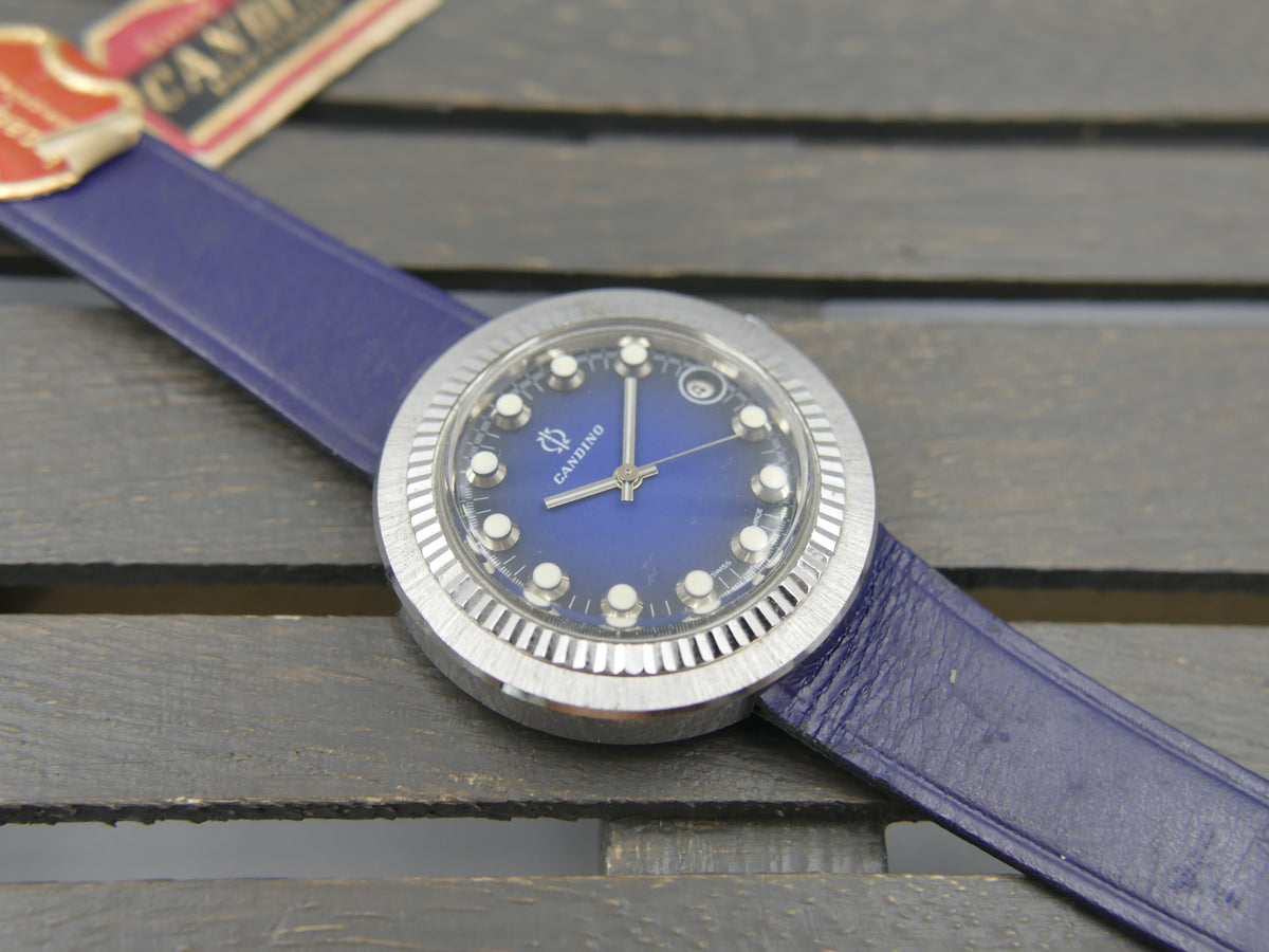 70s Vintage watch mens Candino Ref. 328 144 UFO Saucer NOS Blue Dial Manual Wind Cal. ST 974