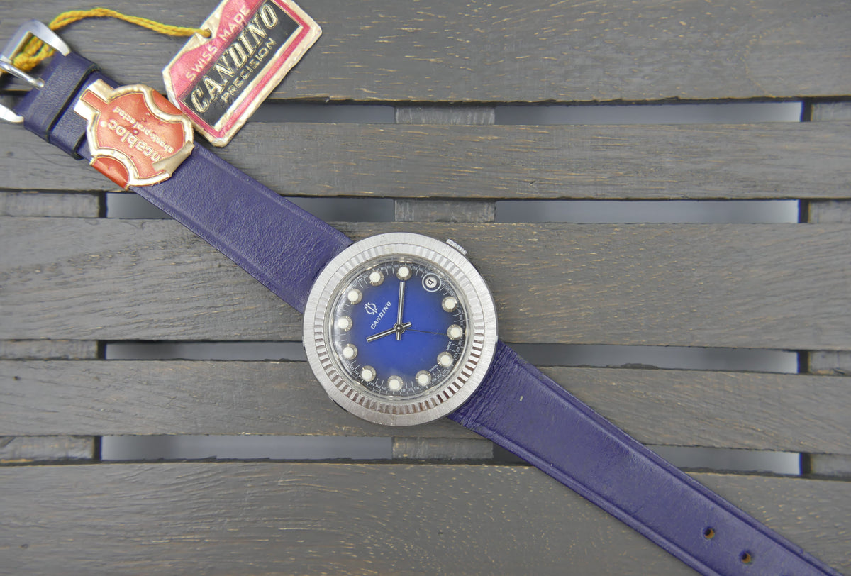 70s Vintage watch mens Candino Ref. 328 144 UFO Saucer NOS Blue Dial Manual Wind Cal. ST 974