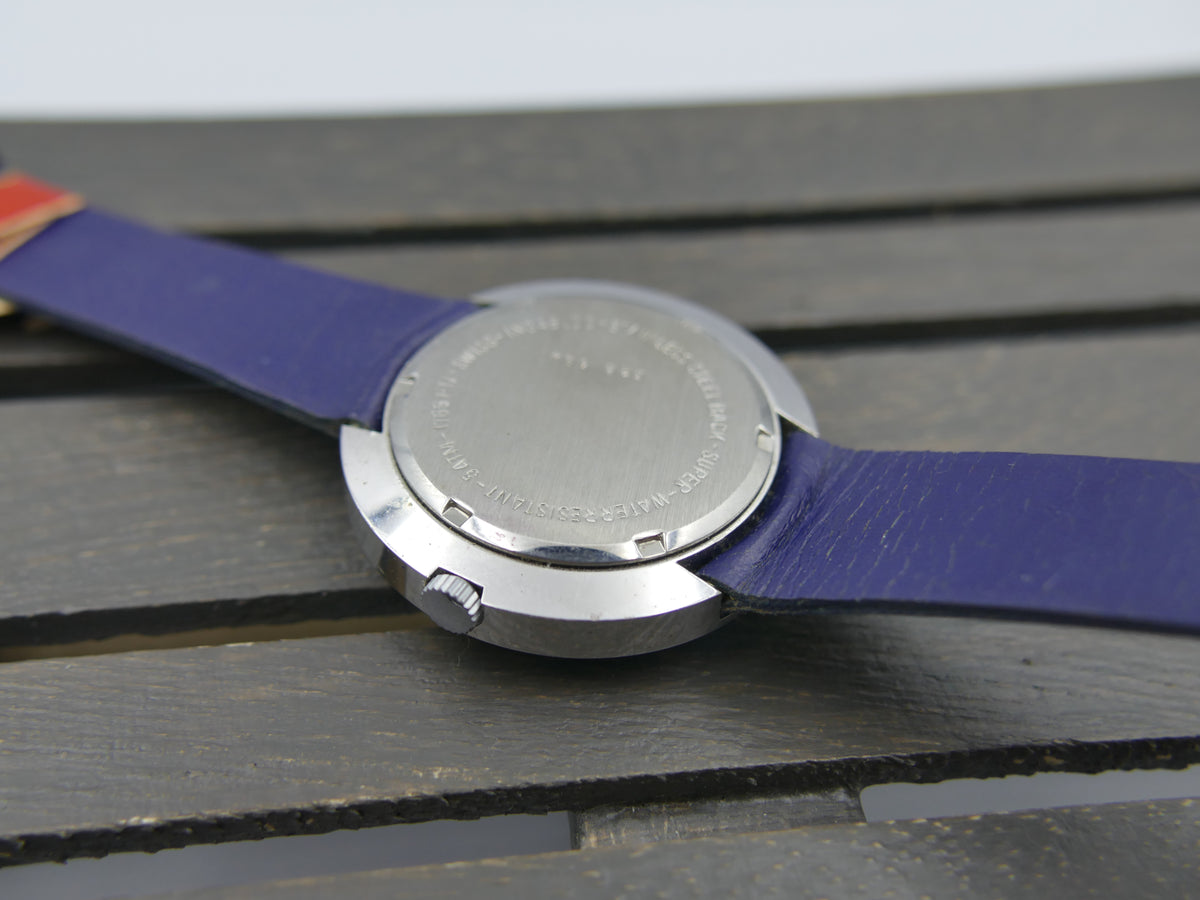 70s Vintage watch mens Candino Ref. 328 144 UFO Saucer NOS Blue Dial Manual Wind Cal. ST 974