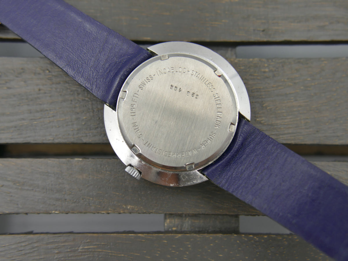 70s Vintage watch mens Candino Ref. 328 144 UFO Saucer NOS Blue Dial Manual Wind Cal. ST 974