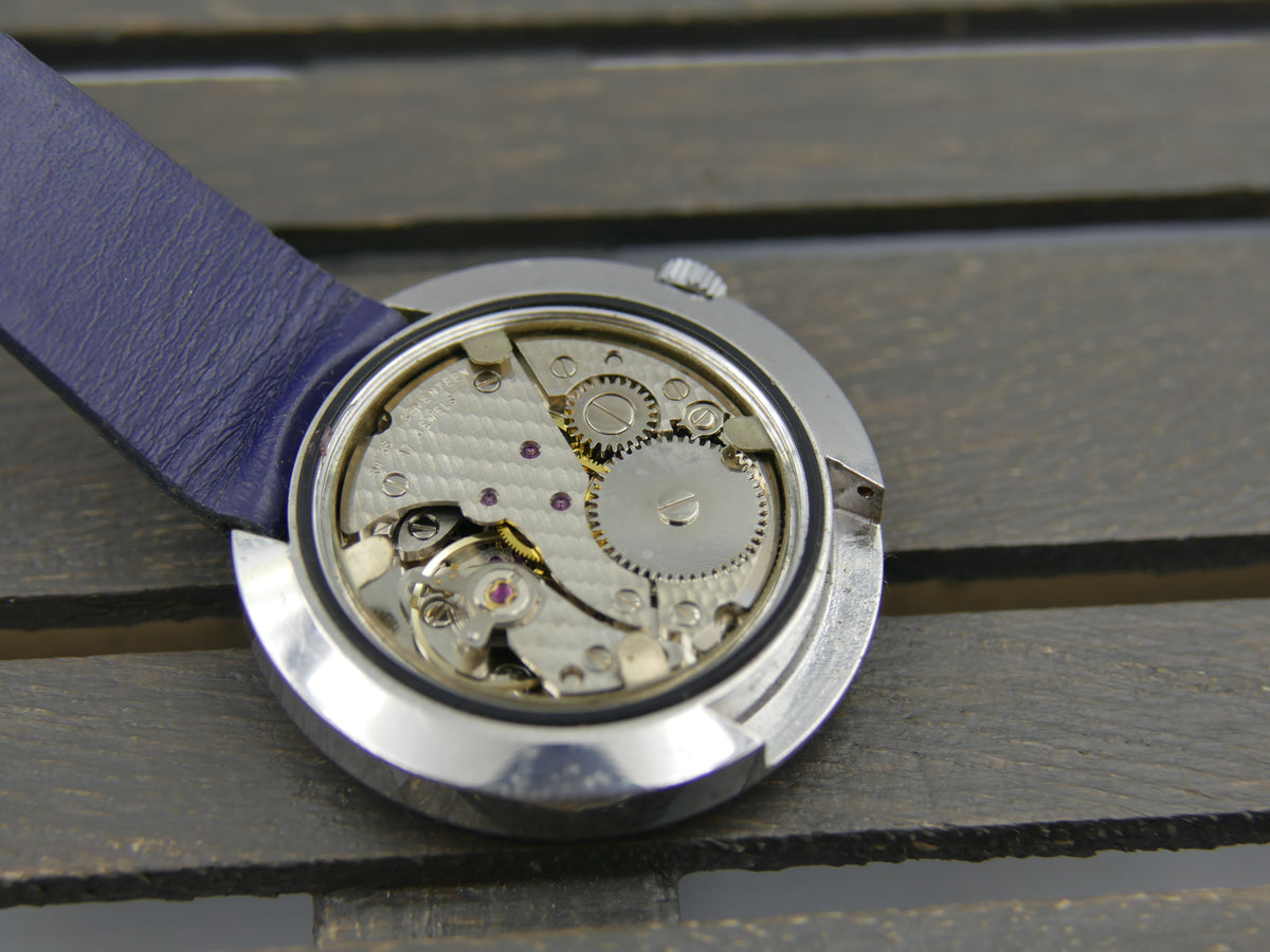 70s Vintage watch mens Candino Ref. 328 144 UFO Saucer NOS Blue Dial Manual Wind Cal. ST 974
