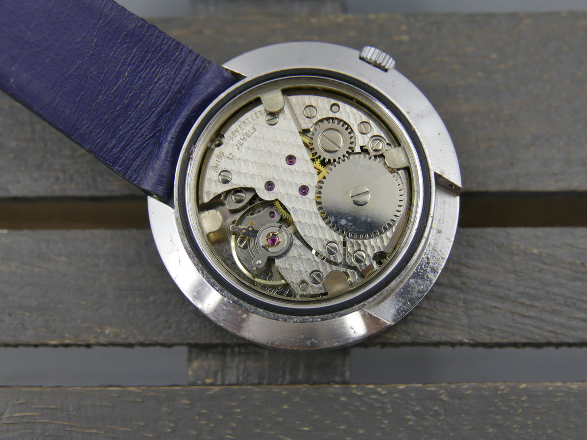 70s Vintage watch mens Candino Ref. 328 144 UFO Saucer NOS Blue Dial Manual Wind Cal. ST 974