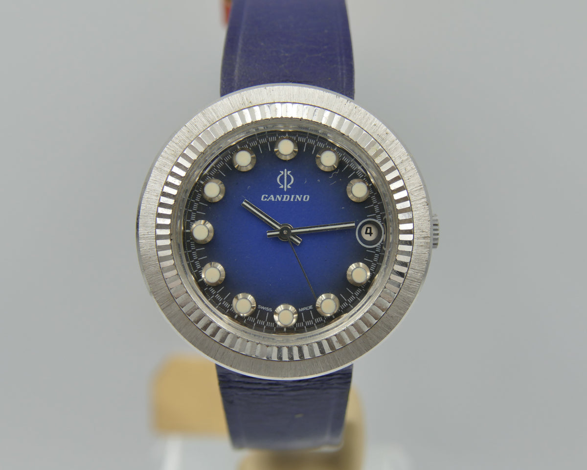 70s Vintage watch mens Candino Ref. 328 144 UFO Saucer NOS Blue Dial Manual Wind Cal. ST 974
