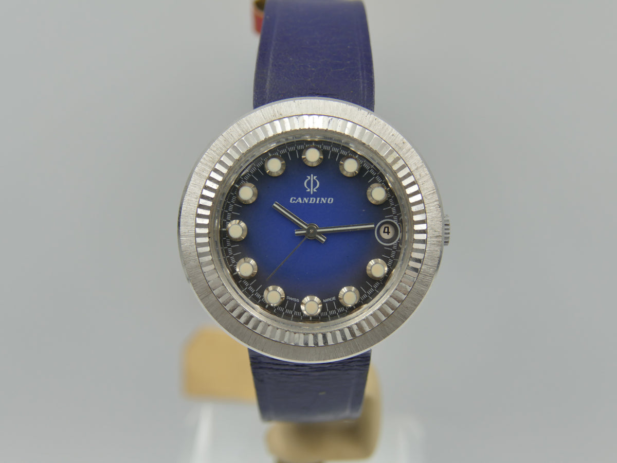 70s Vintage watch mens Candino Ref. 328 144 UFO Saucer NOS Blue Dial Manual Wind Cal. ST 974