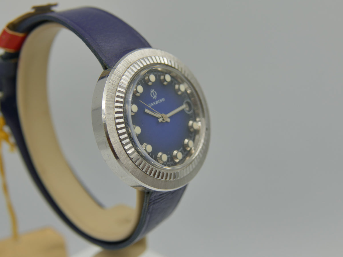 70s Vintage watch mens Candino Ref. 328 144 UFO Saucer NOS Blue Dial Manual Wind Cal. ST 974