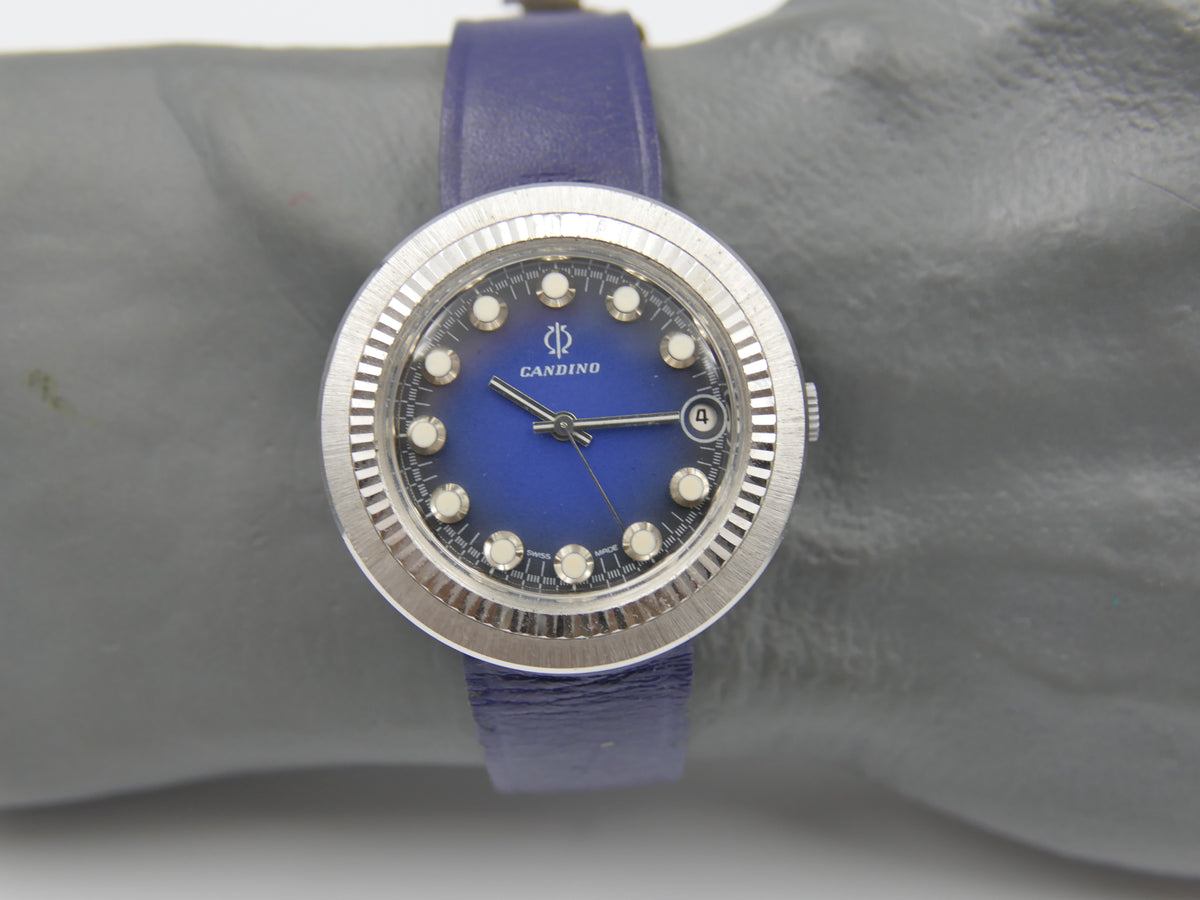 70s Vintage watch mens Candino Ref. 328 144 UFO Saucer NOS Blue Dial Manual Wind Cal. ST 974