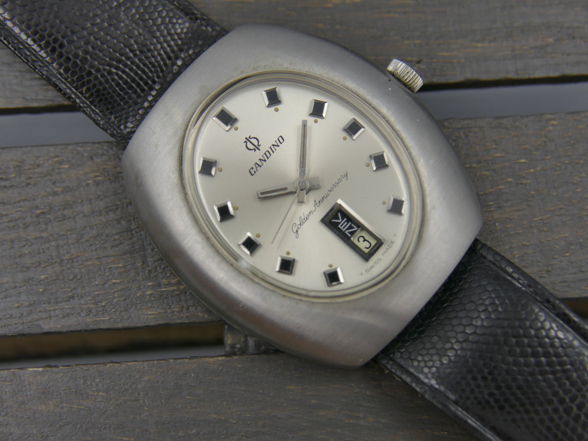 70s Vintage watch mens Candino Golden Anniversary Day-Date Automatic ETA 2638 ufo NOS