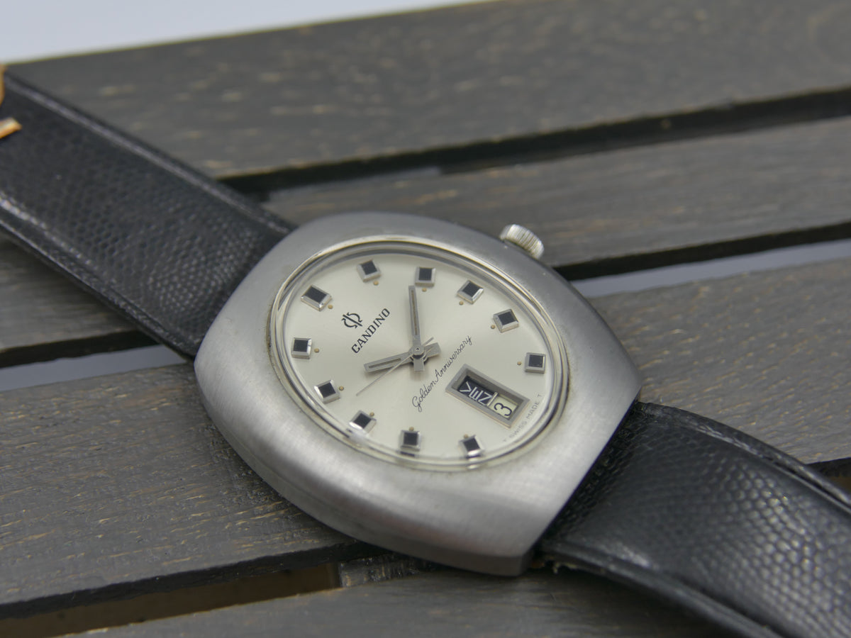 70s Vintage watch mens Candino Golden Anniversary Day-Date Automatic ETA 2638 ufo NOS
