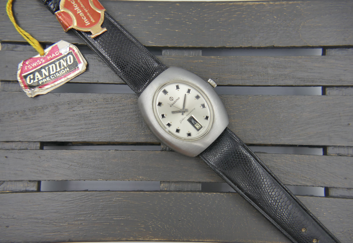 70s Vintage watch mens Candino Golden Anniversary Day-Date Automatic ETA 2638 ufo NOS