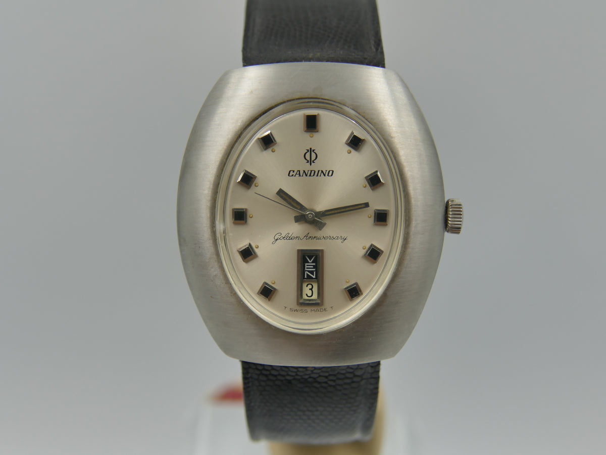 70s Vintage watch mens Candino Golden Anniversary Day-Date Automatic ETA 2638 ufo NOS