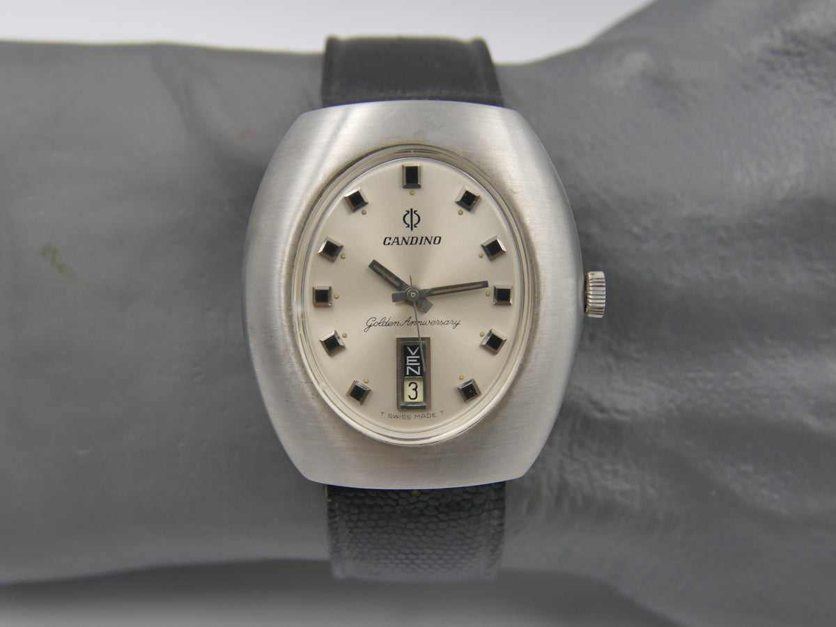 70s Vintage watch mens Candino Golden Anniversary Day-Date Automatic ETA 2638 ufo NOS