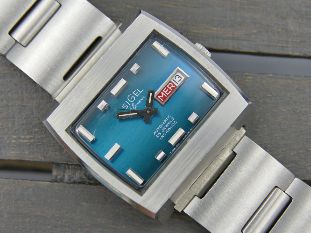 70s vintage watch mens Sigel TV geneve automatic 25 jewels blue dial swiss compressor