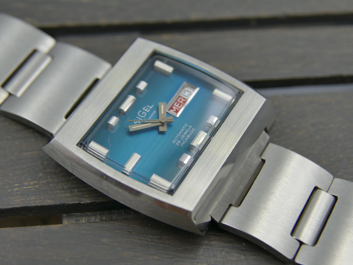 70s vintage watch mens Sigel TV geneve automatic 25 jewels blue dial swiss compressor