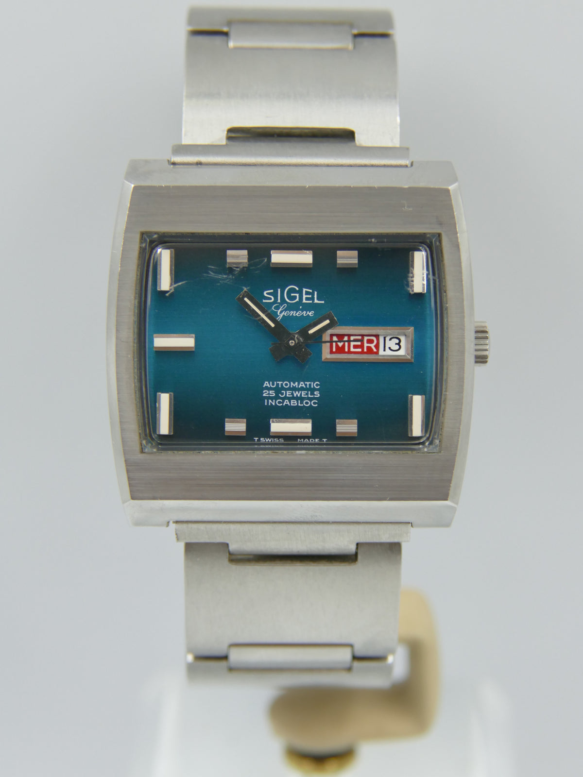 70s vintage watch mens Sigel TV geneve automatic 25 jewels blue dial swiss compressor