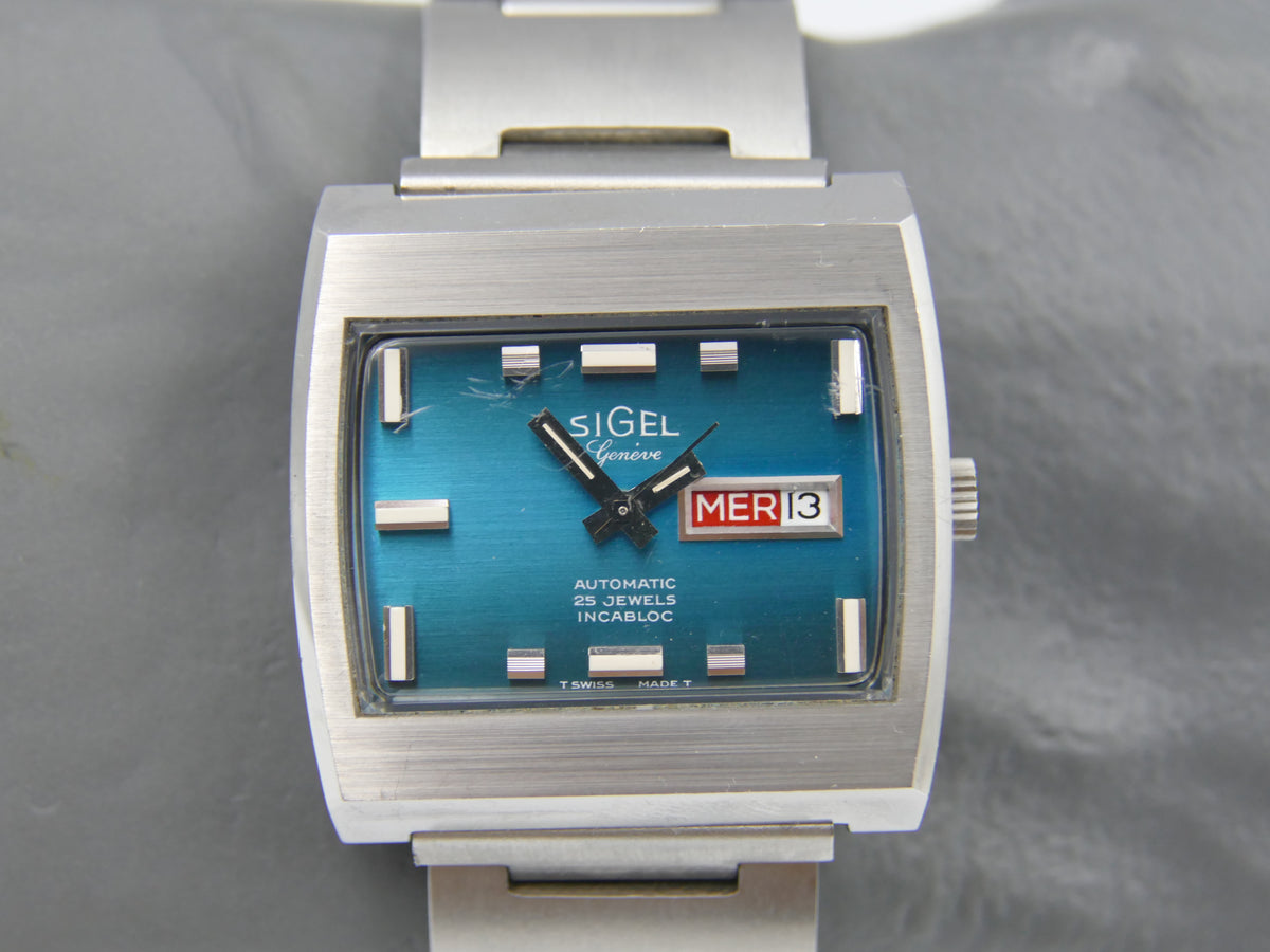 70s vintage watch mens Sigel TV geneve automatic 25 jewels blue dial swiss compressor