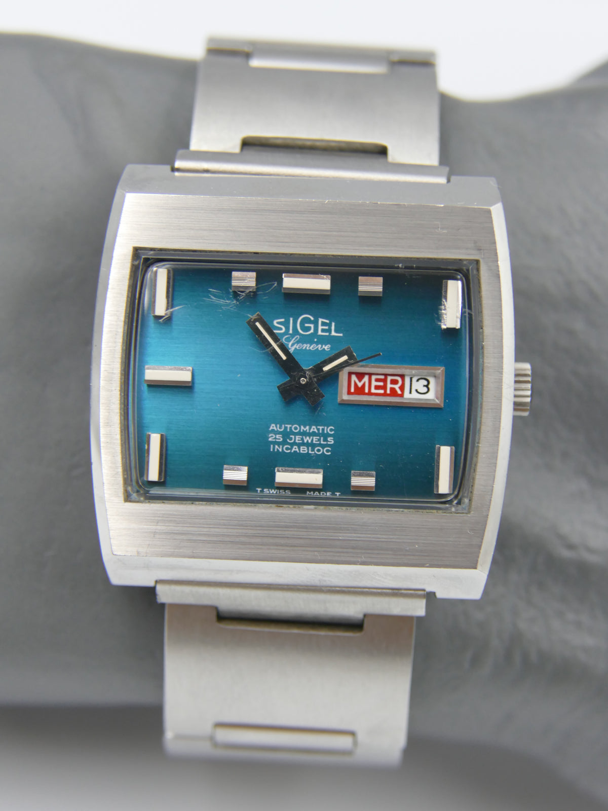 70s vintage watch mens Sigel TV geneve automatic 25 jewels blue dial swiss compressor