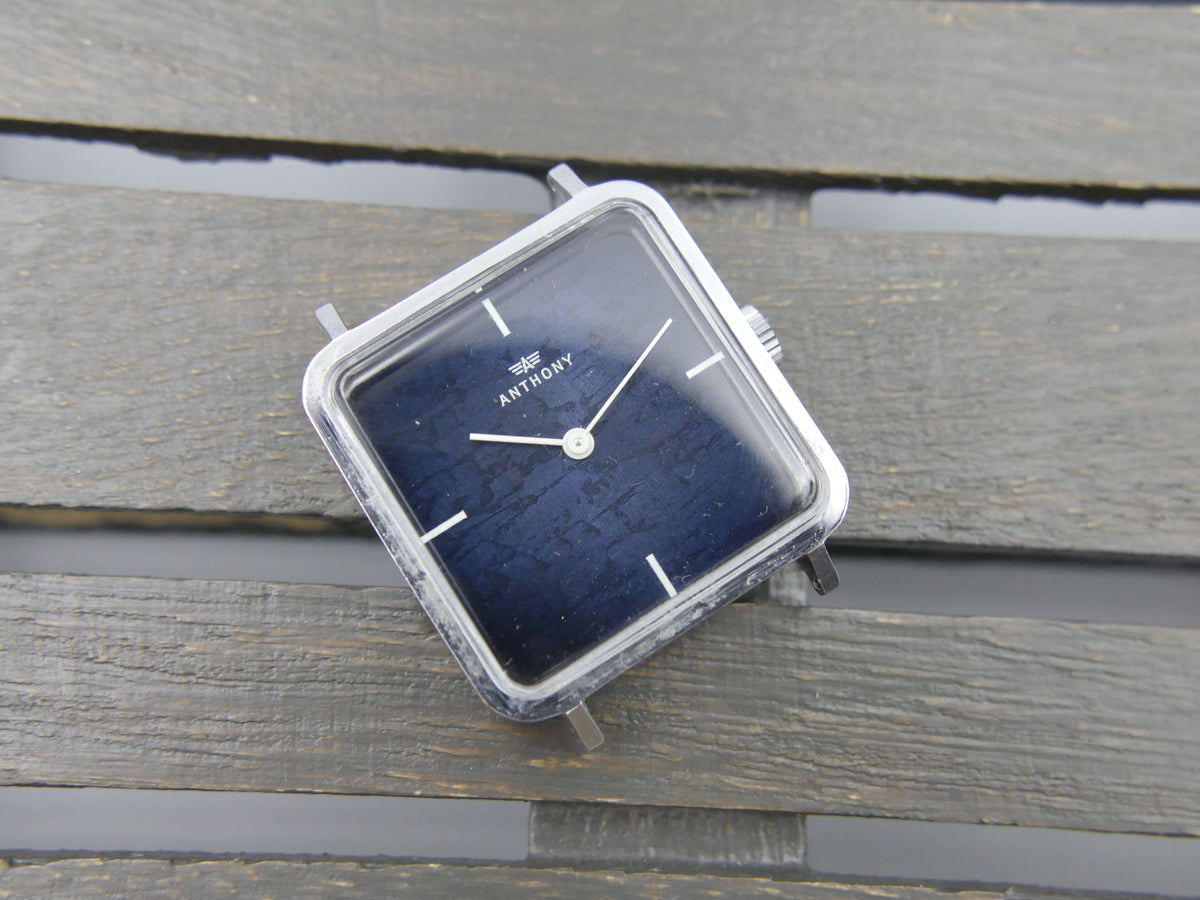 70s vintage watch mens NOS ANTHONY Square Tank  Blue Crackle Dial  Unitas 6365N