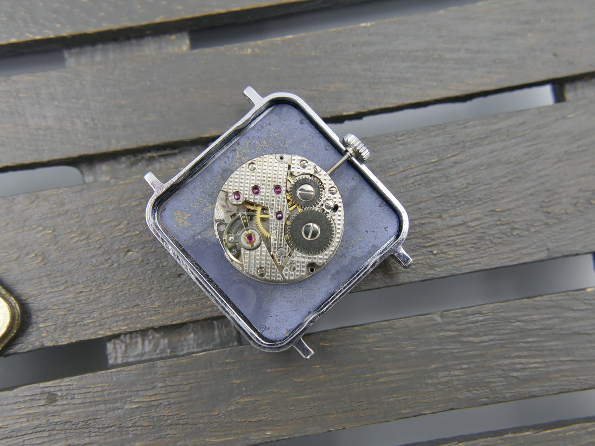 70s vintage watch mens NOS ANTHONY Square Tank  Blue Crackle Dial  Unitas 6365N
