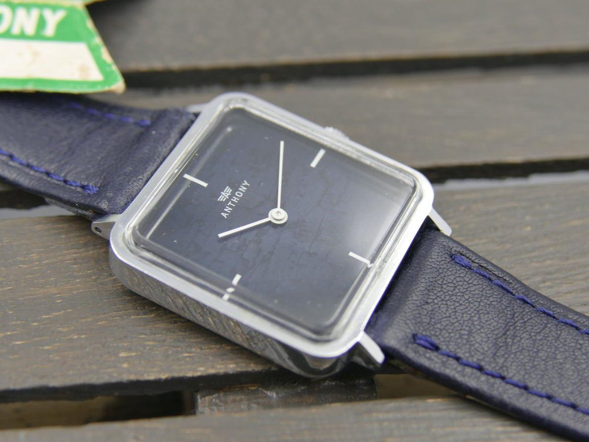 70s vintage watch mens NOS ANTHONY Square Tank  Blue Crackle Dial  Unitas 6365N