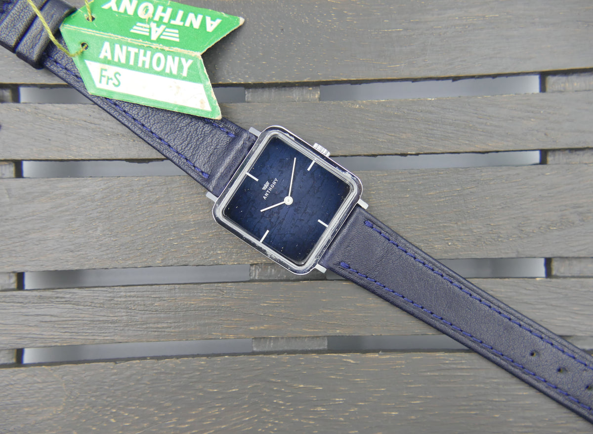 70s vintage watch mens NOS ANTHONY Square Tank  Blue Crackle Dial  Unitas 6365N