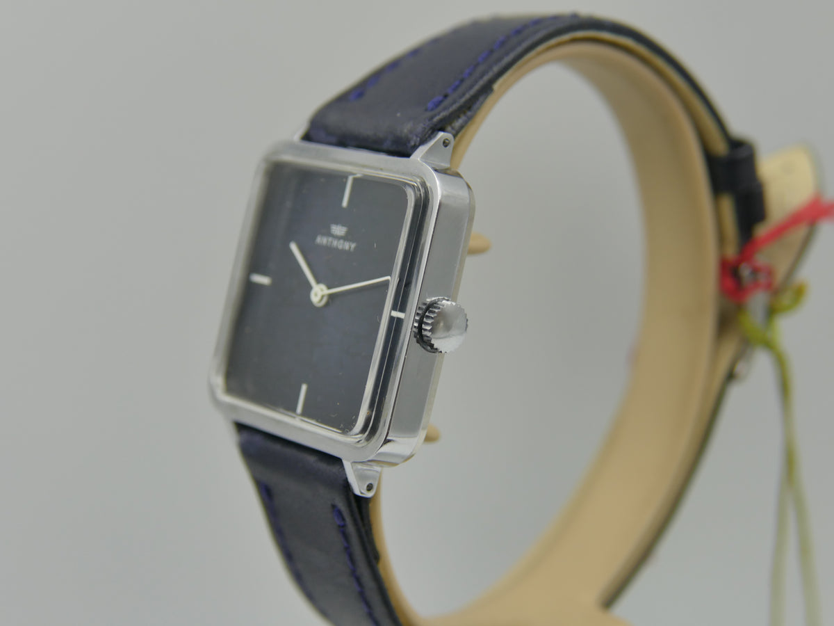 70s vintage watch mens NOS ANTHONY Square Tank  Blue Crackle Dial  Unitas 6365N