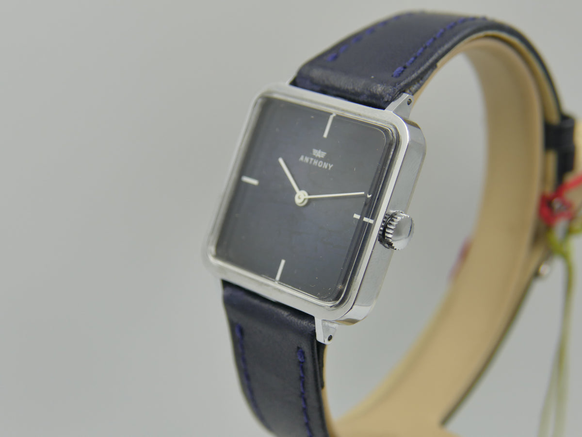 70s vintage watch mens NOS ANTHONY Square Tank  Blue Crackle Dial  Unitas 6365N