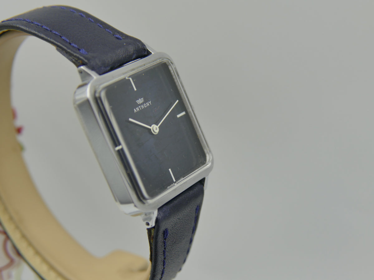 70s vintage watch mens NOS ANTHONY Square Tank  Blue Crackle Dial  Unitas 6365N