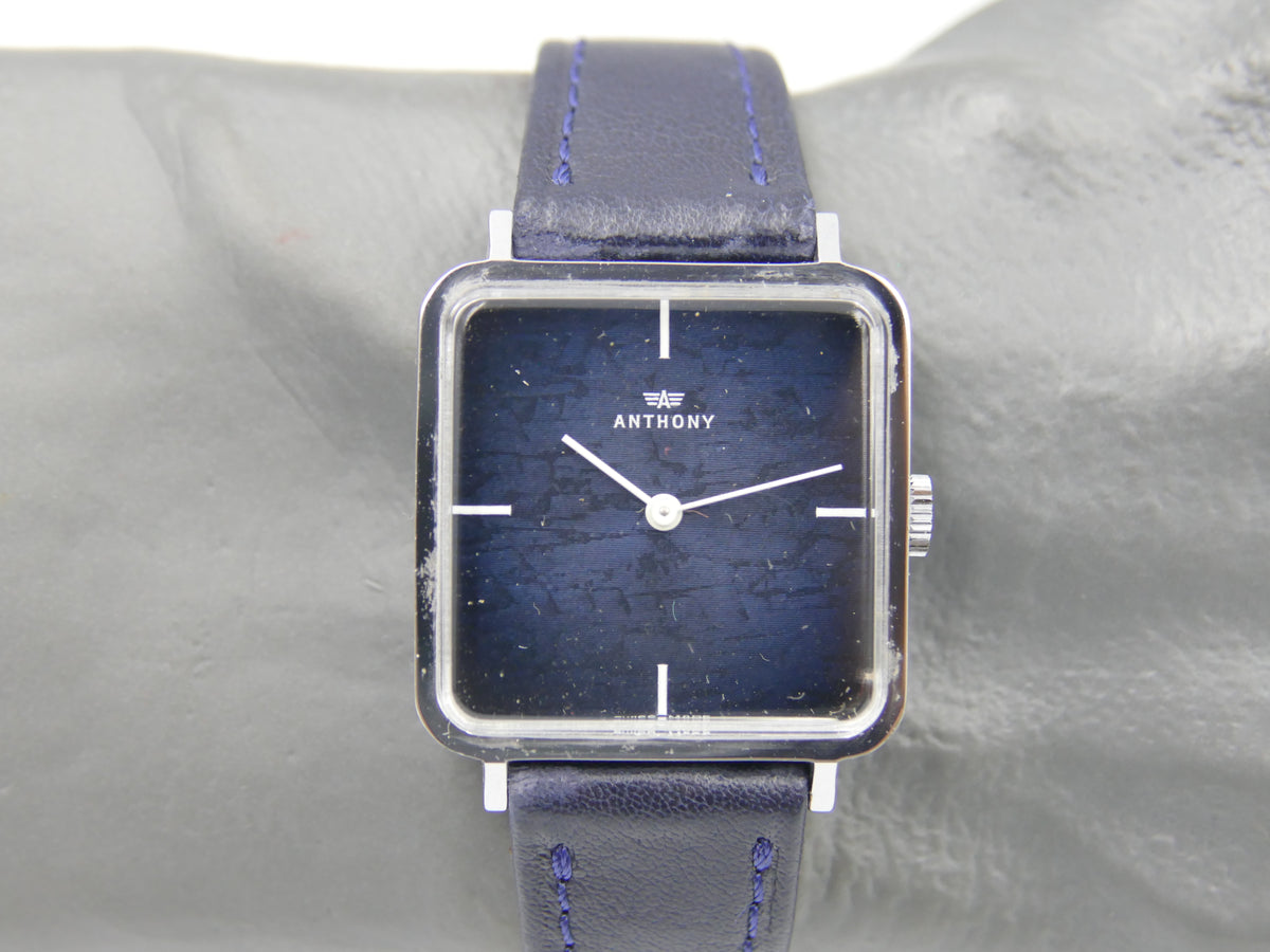 70s vintage watch mens NOS ANTHONY Square Tank  Blue Crackle Dial  Unitas 6365N