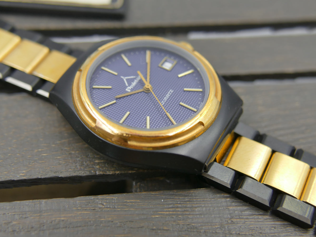 Montre vintage des années 80 pour homme, NOS, Proletaire, Swiss Made, cadran gaufré bleu, PVD noir et doré