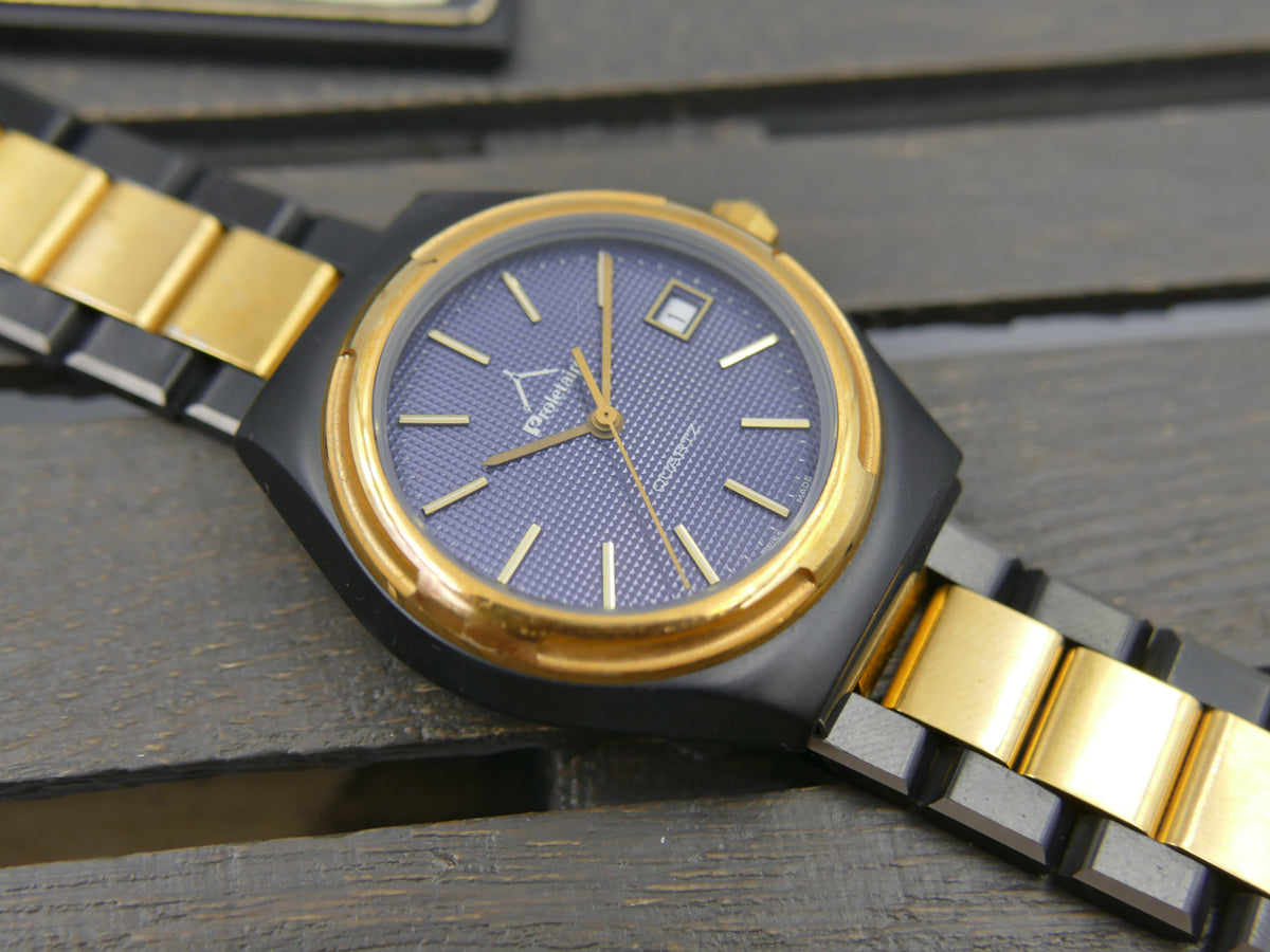 Montre vintage des années 80 pour homme, NOS, Proletaire, Swiss Made, cadran gaufré bleu, PVD noir et doré
