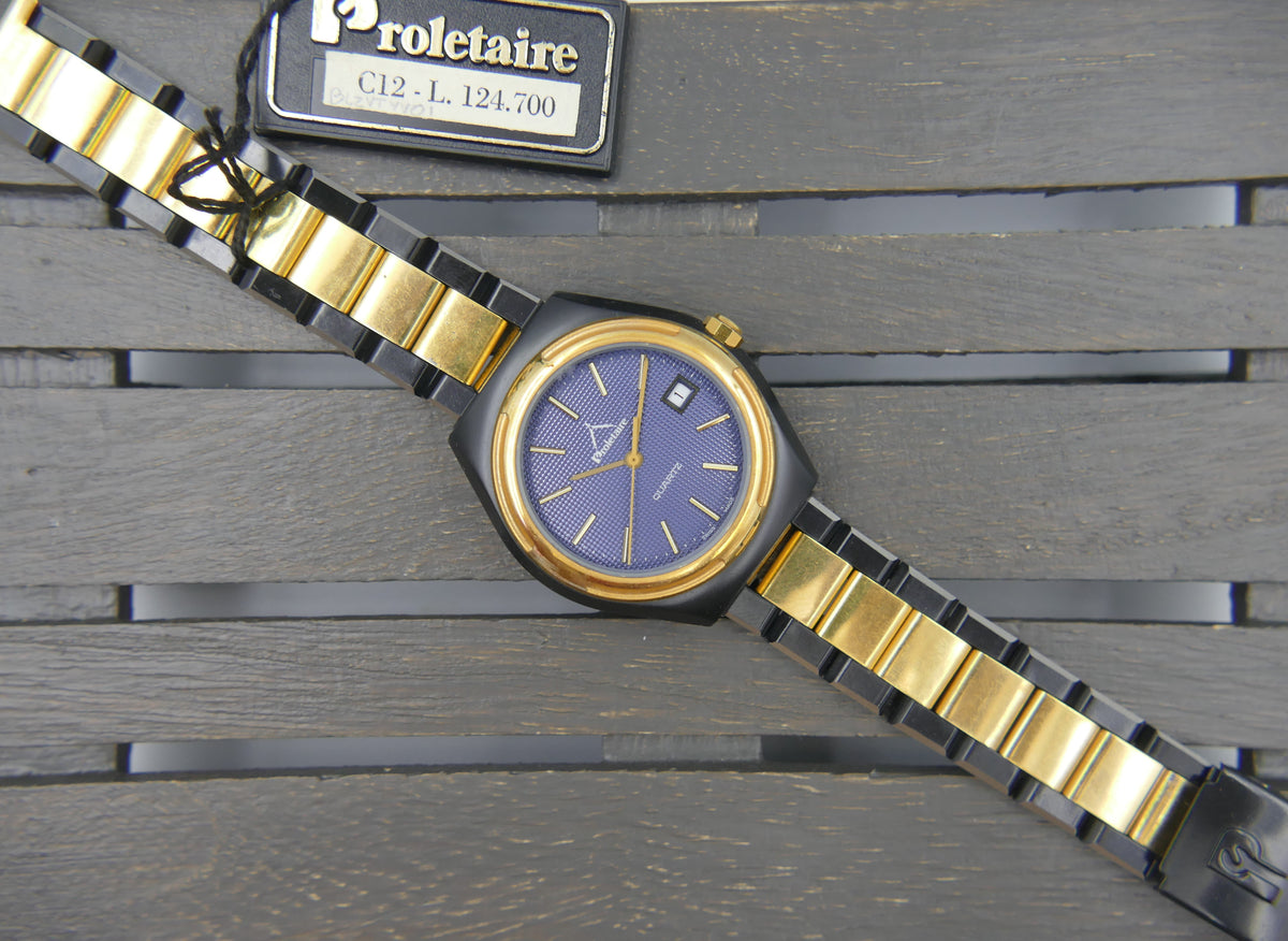 Montre vintage des années 80 pour homme, NOS, Proletaire, Swiss Made, cadran gaufré bleu, PVD noir et doré