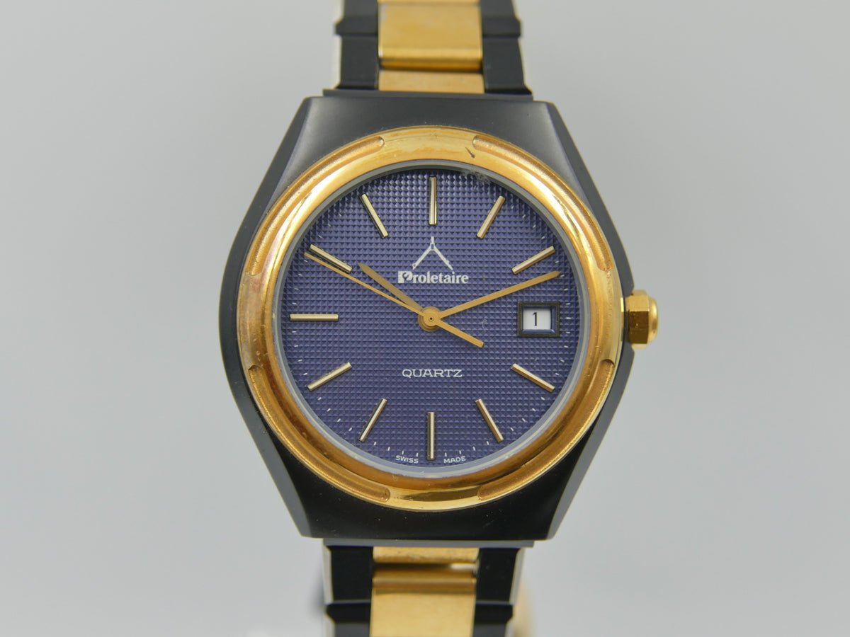 Montre vintage des années 80 pour homme, NOS, Proletaire, Swiss Made, cadran gaufré bleu, PVD noir et doré