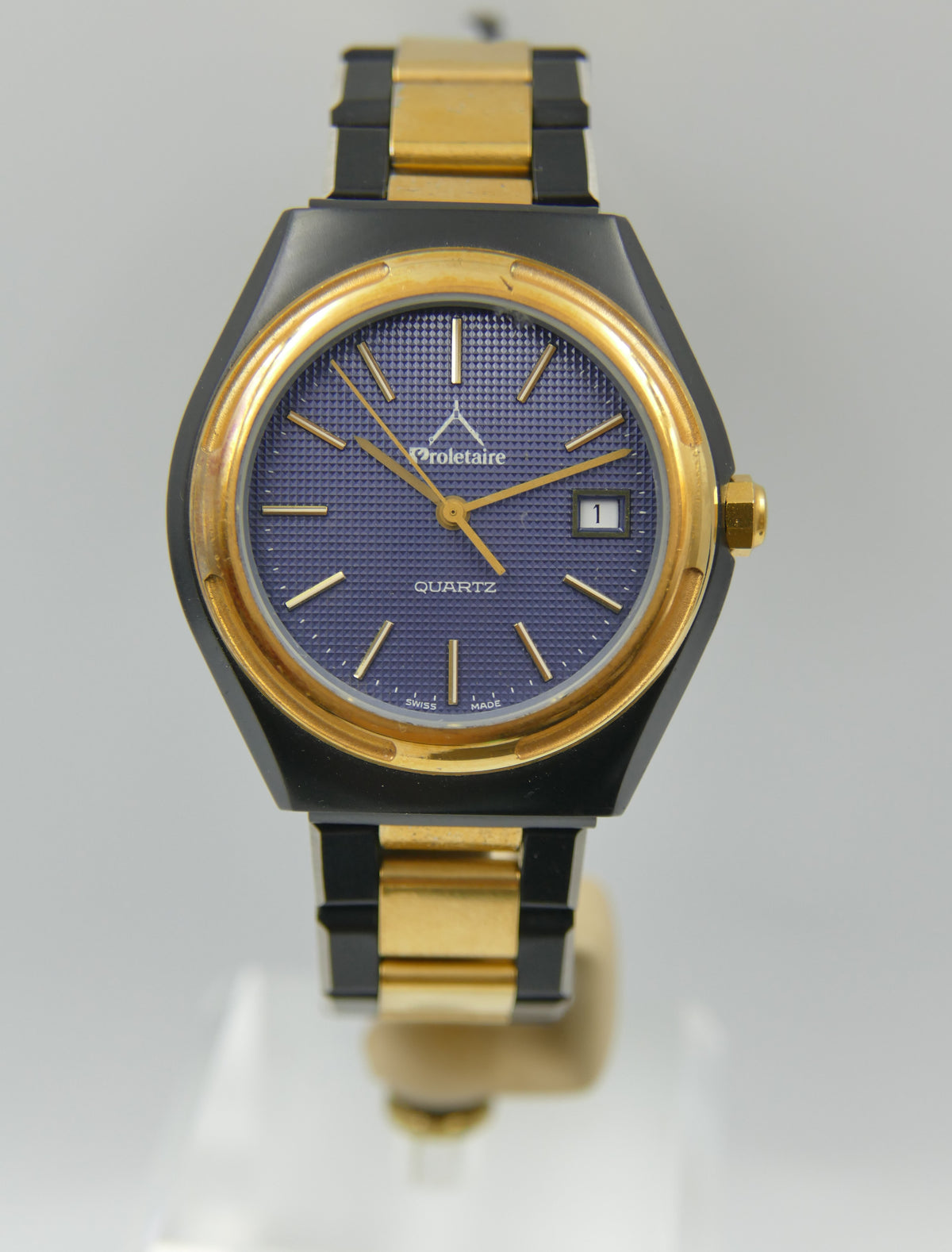 Montre vintage des années 80 pour homme, NOS, Proletaire, Swiss Made, cadran gaufré bleu, PVD noir et doré