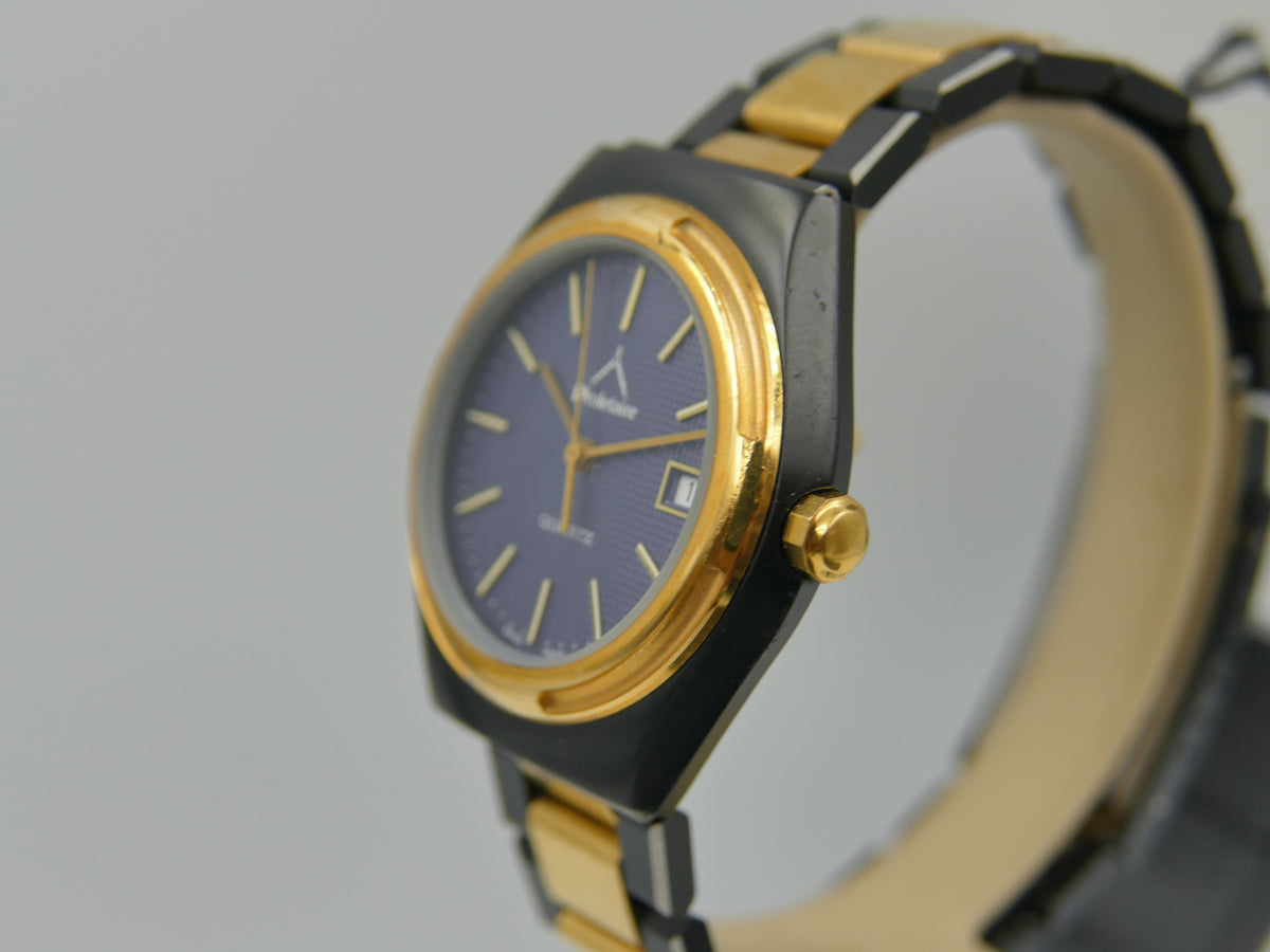 Montre vintage des années 80 pour homme, NOS, Proletaire, Swiss Made, cadran gaufré bleu, PVD noir et doré