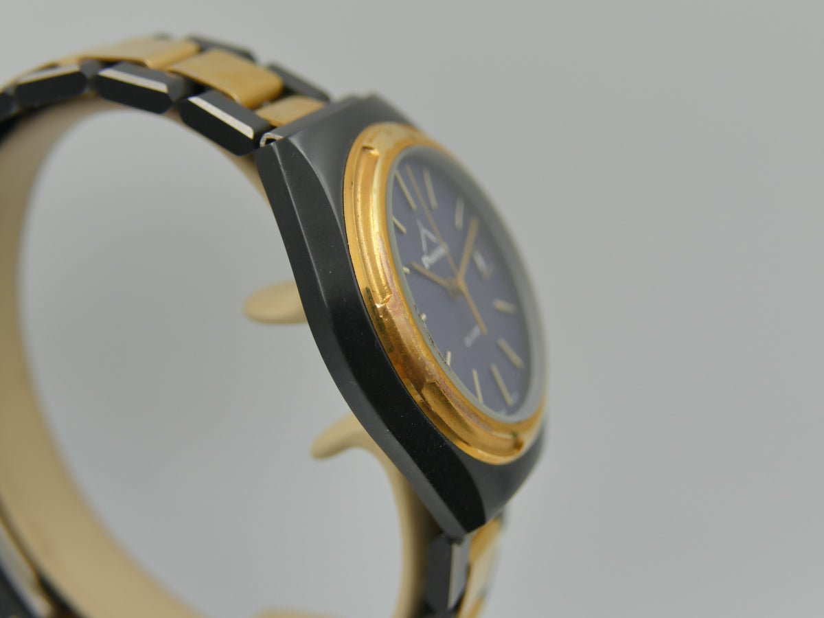 Montre vintage des années 80 pour homme, NOS, Proletaire, Swiss Made, cadran gaufré bleu, PVD noir et doré