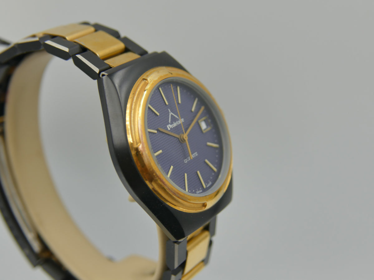 Montre vintage des années 80 pour homme, NOS, Proletaire, Swiss Made, cadran gaufré bleu, PVD noir et doré