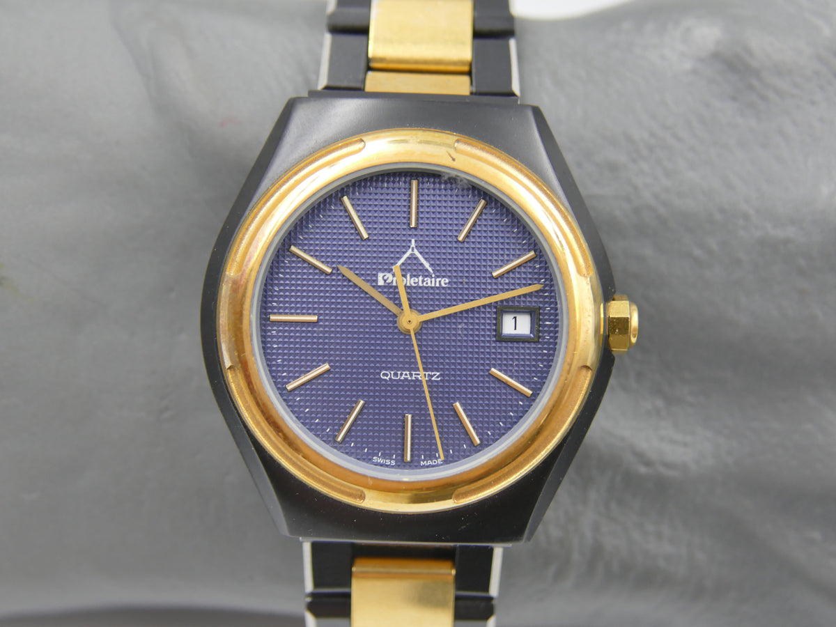 Montre vintage des années 80 pour homme, NOS, Proletaire, Swiss Made, cadran gaufré bleu, PVD noir et doré