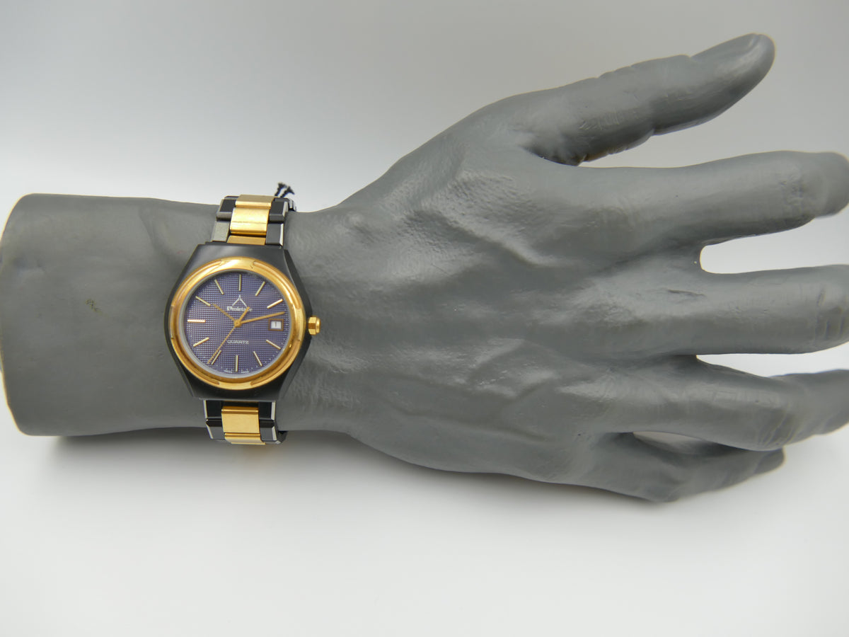 Montre vintage des années 80 pour homme, NOS, Proletaire, Swiss Made, cadran gaufré bleu, PVD noir et doré