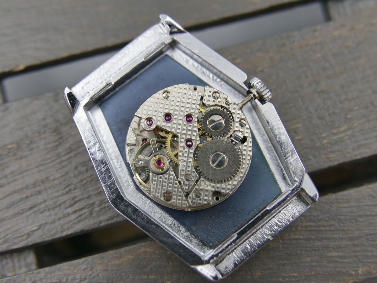 70s vintage watch mens NOS ANTHONY Hexagonal Dark Blue hand wind Unitas 6365N