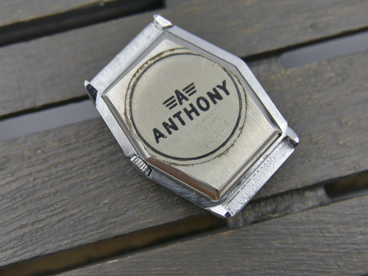 70s vintage watch mens NOS ANTHONY Hexagonal Dark Blue hand wind Unitas 6365N