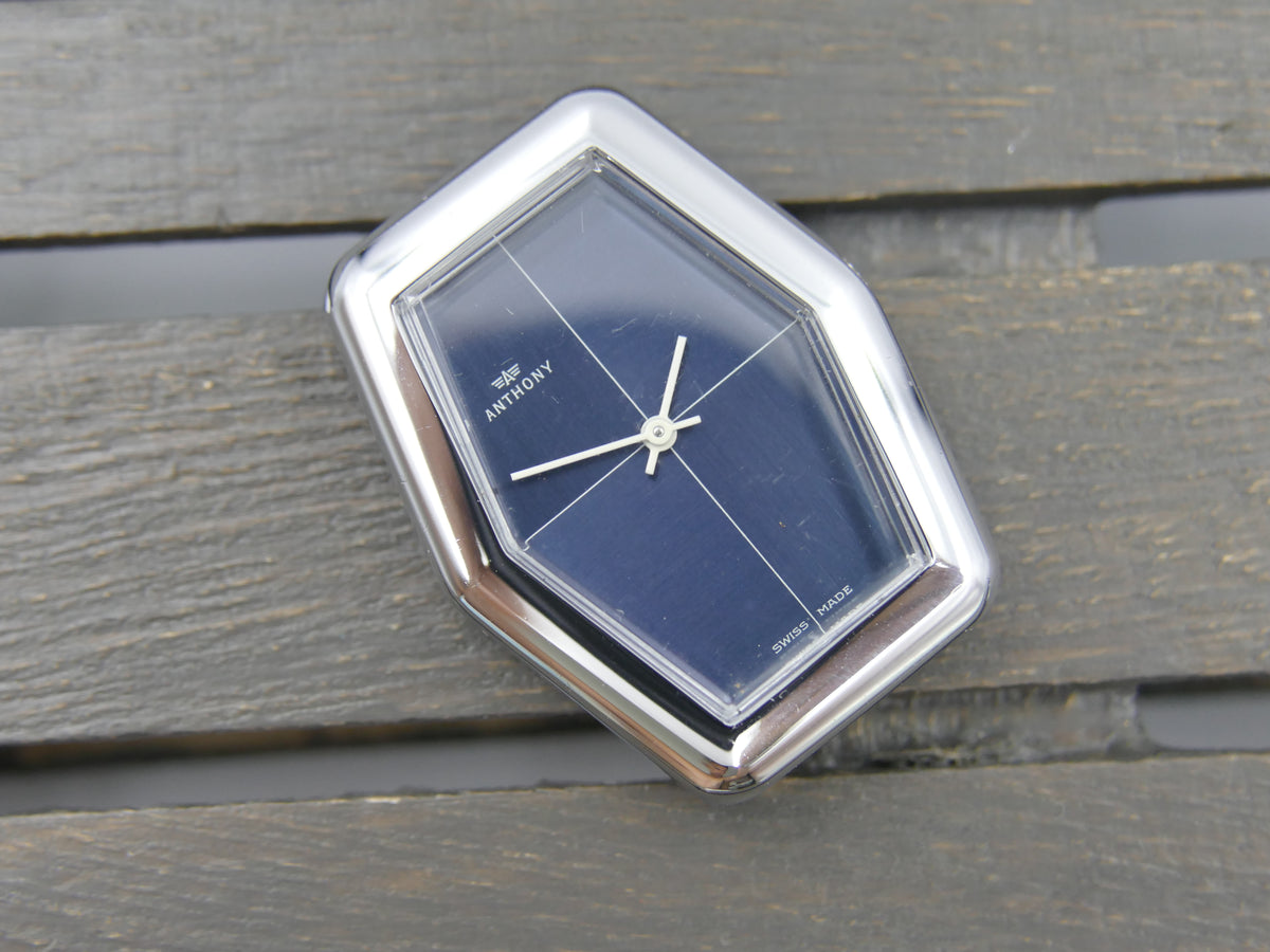 70s vintage watch mens NOS ANTHONY Hexagonal Dark Blue hand wind Unitas 6365N