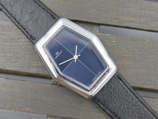 70s vintage watch mens NOS ANTHONY Hexagonal Dark Blue hand wind Unitas 6365N