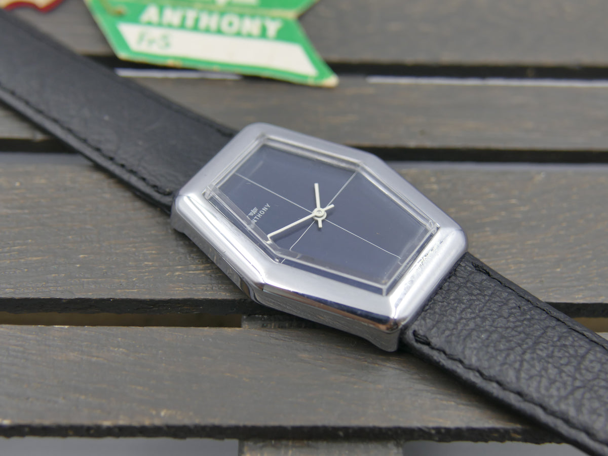 70s vintage watch mens NOS ANTHONY Hexagonal Dark Blue hand wind Unitas 6365N